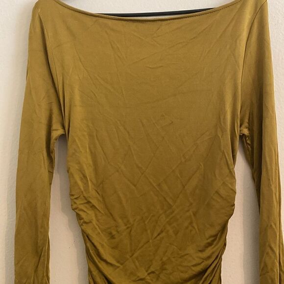 Like New Gold Draped Cowl Neck Slinky Ruched Midi Dress (Please see pix) - Picture 4 of 8
